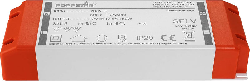 Poppstar LED Trafo Transformator 230V AC / 12V DC 12,5A für 1,5 W bis 150 Watt LEDs 12V DC 12.5A 150