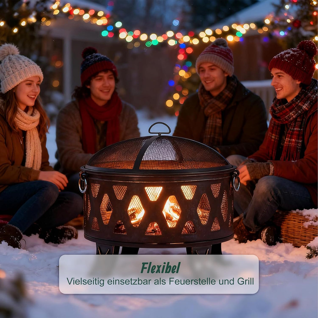 Relaxdays Feuerschale, Ø 66 cm, mit Grillrost, Funkenschutz & Schürhaken, Feuerstelle Garten, Feuerk
