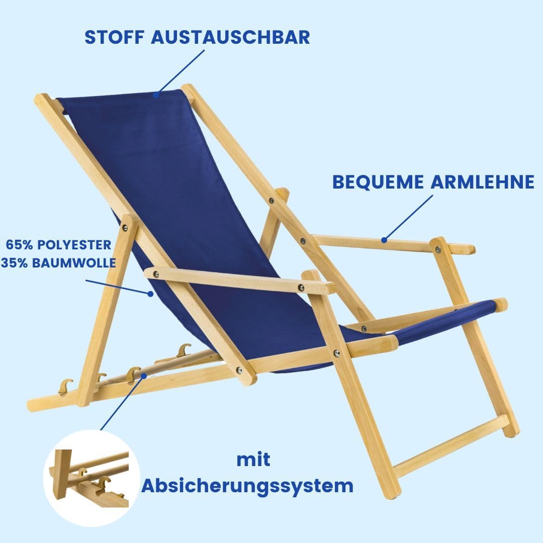 BAS Holz Sonnenliege Strandliege Liegestuhl aus Holz 3 Stufen Klappbare Gartenliege mit Armauflagen