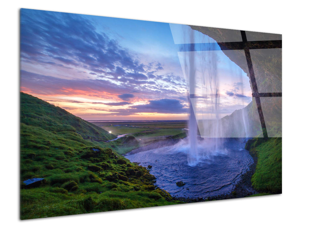 DECLINA Bild aus Plexiglas, Motiv Seljalandsfoss Violett – Druck Glas Natur und Landschaft – Wanddek