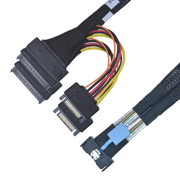 PCIe Gen5 MCIO x8 to 2 x SFF-8639 Kabel für U.2 NVMe SSD mit 15Pin SATA, 65 cm, 65 cm