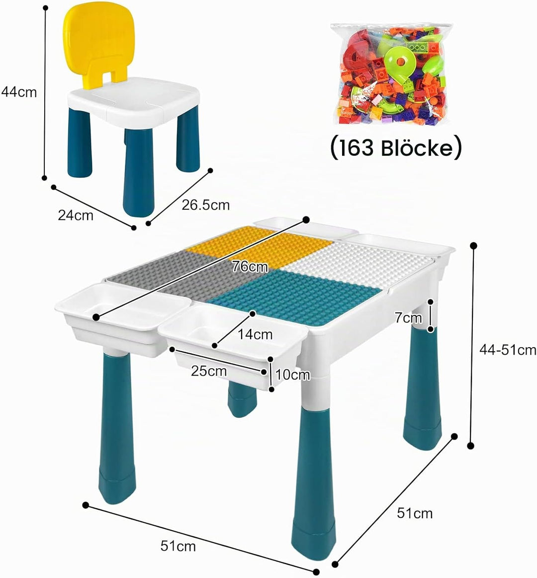 AufuN Höhenverstellbarer Kindertisch mit Stühle Set 6 in 1 Bausteine Spieltisch, Grosse Multifunktio
