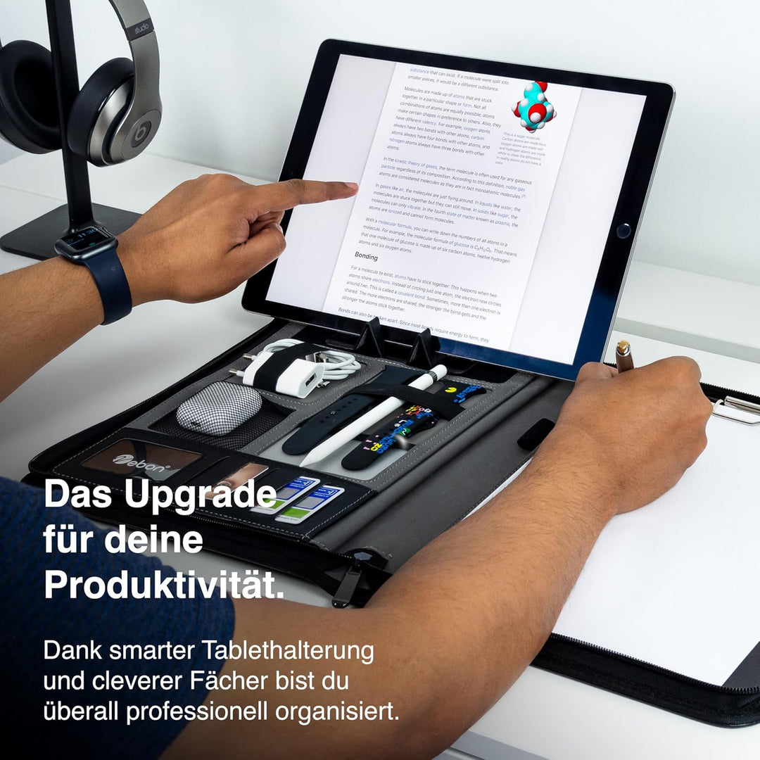 Vebon® Konferenzmappe A4 London aus Veganem Leder mit Reissverschluss I Schreibmappe + Laptoptasche