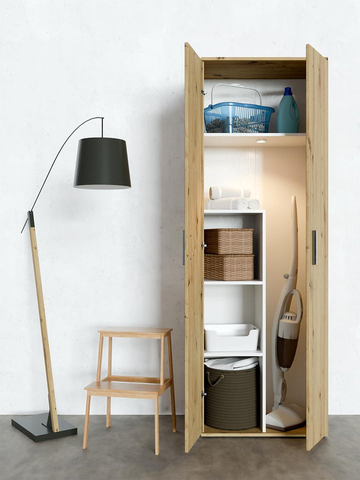 Happy Babies Utility-Schrank 60cm | Weiss | Vorratsschrank für Staubsauger, Mopps & Reinigungsmittel