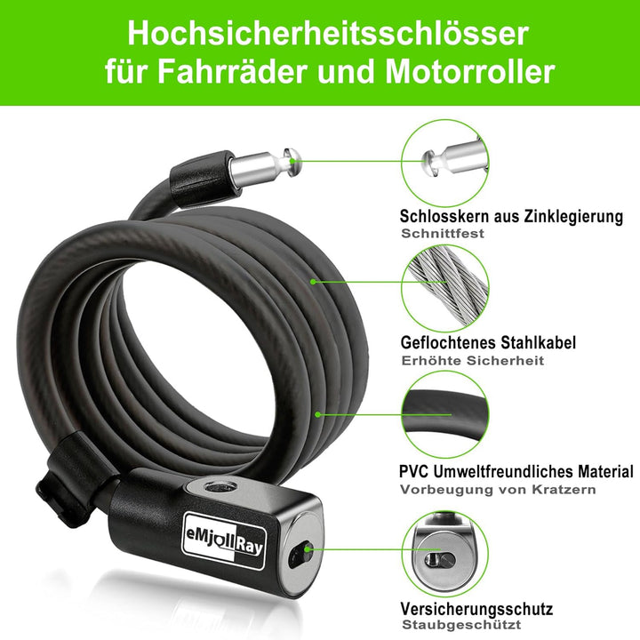 eMjollRay Hochsicheres Fahrradschloss und E Scooter Schloss, 1.2M Kabel mit Halterung und Tasche, Si
