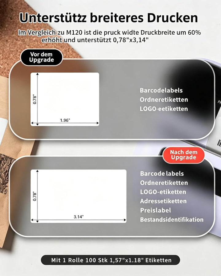 Phomemo M220 Etikettendrucker, Bluetooth Thermo Etikettendrucker für Barcode, Adresse, Haus, Versand