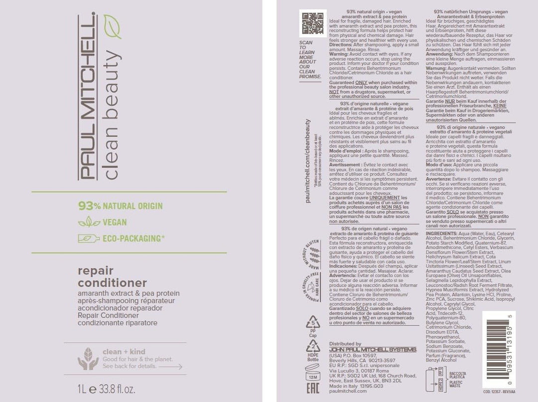 Paul Mitchell Clean Beauty Repair Conditioner – Haar-Spülung mit Amarant-Extrakt, Pflege und Reparat