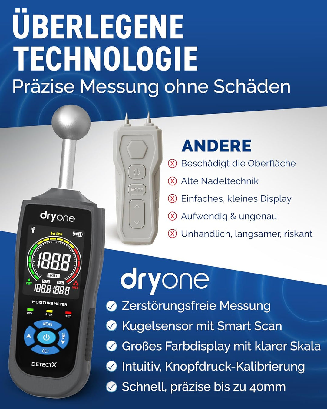 DryOne® DetectX Feuchtigkeitsmessgerät für Wand, Holz, Mauerwerk, Estrich & Beton - verlässliche Mes