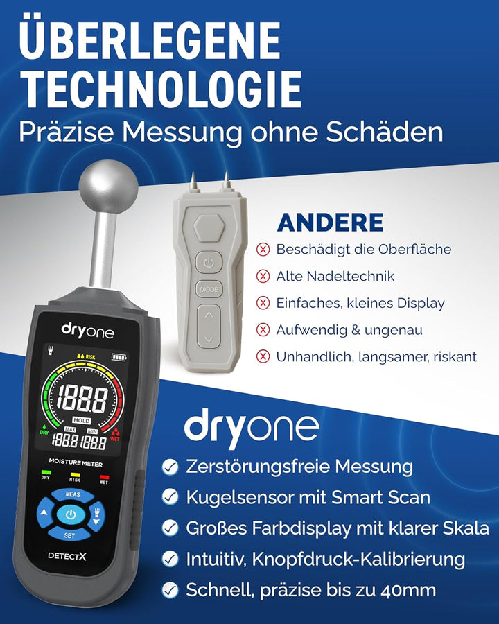 DryOne® DetectX Feuchtigkeitsmessgerät für Wand, Holz, Mauerwerk, Estrich & Beton - verlässliche Mes