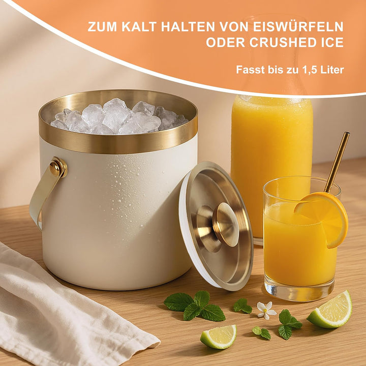Relaxdays Eiswürfelbehälter, Edelstahl, doppelwandig, Eiseimer mit Deckel & Henkel, 1,5 Liter, Eiswü
