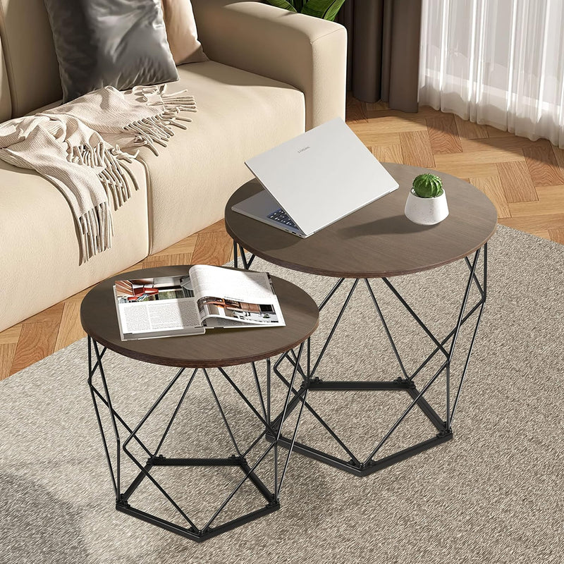 Ribelli 2er Set Beistelltisch, Wohnzimmertisch mit Korbfunktion, Couchtisch Rund, Korbtisch mit Abne