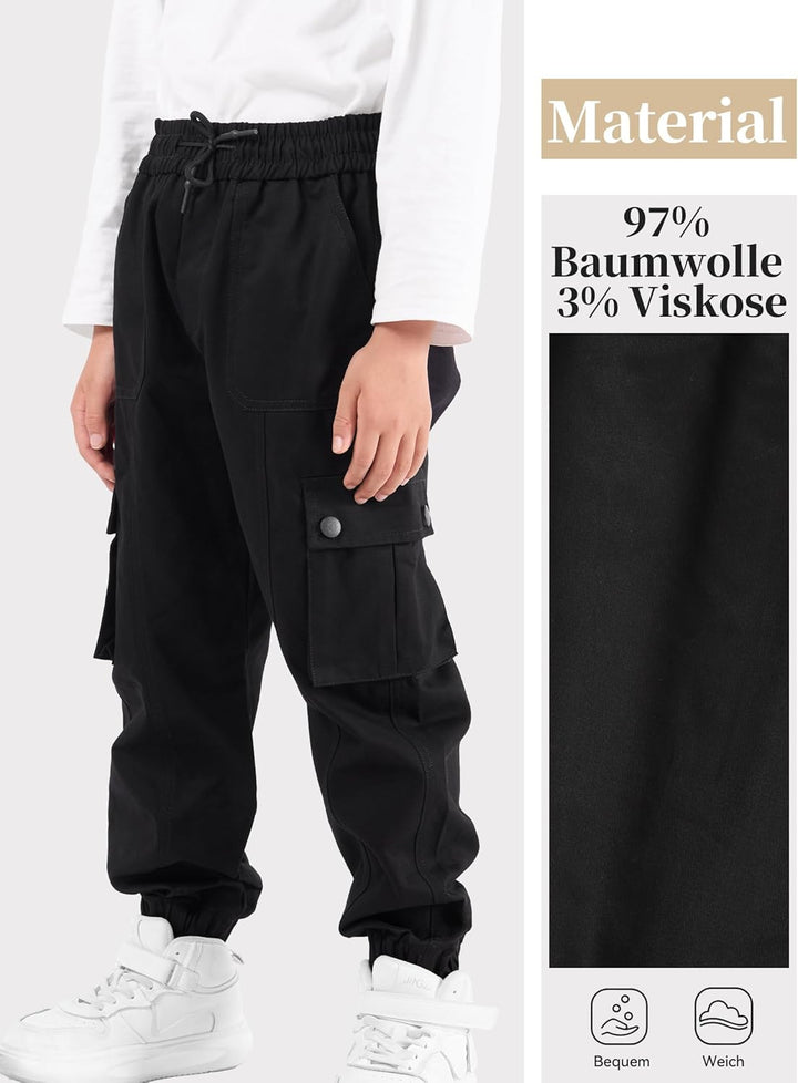 Kinder Cargo Hose mit elastischem Bund Funktionshose Jungen Jogginghose Outdoor 140 Schwarz, 140 Sch