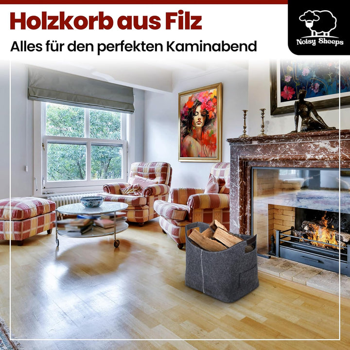 Noisy Sheeps® Holzkorb für Kaminholz gross XXL 60L | Extra starker 6mm Filz | inkl. Anzündwolle für
