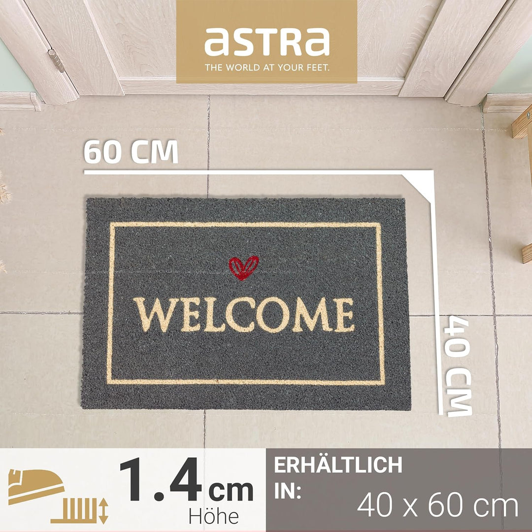 Astra Fussmatte innen grau Welcome 40 x 60 cm - rutschfeste Kokosmatte - Strapazierfähiger Schmutzfa