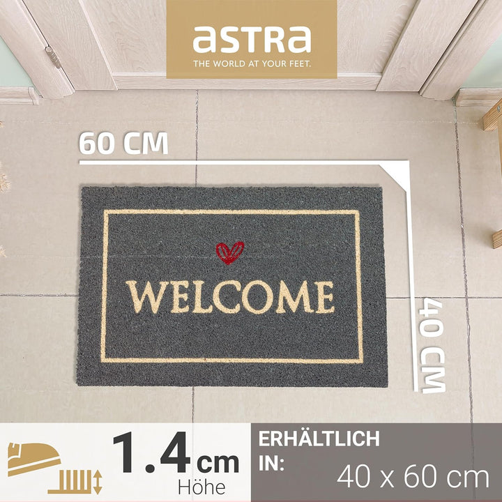 Astra Fussmatte innen grau Welcome 40 x 60 cm - rutschfeste Kokosmatte - Strapazierfähiger Schmutzfa