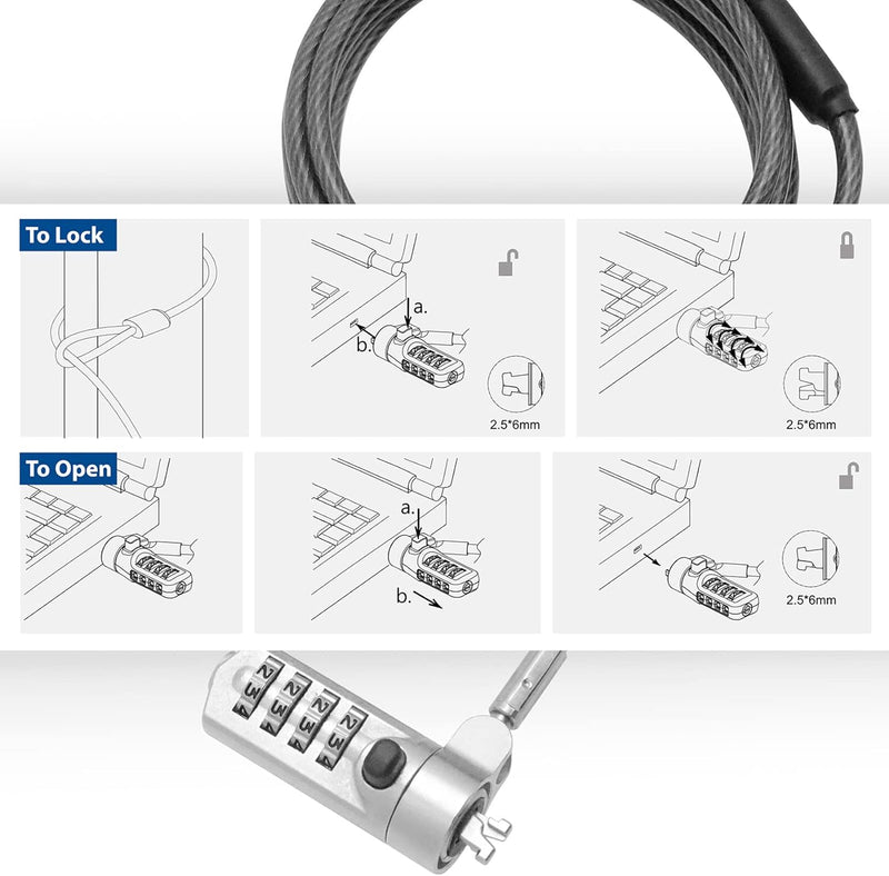 ACT Laptop Schloss Sicherheitskabel 2m, Passwort Schutz 4 Digit Zahlenschloss, Nano Slot Notebook Sc