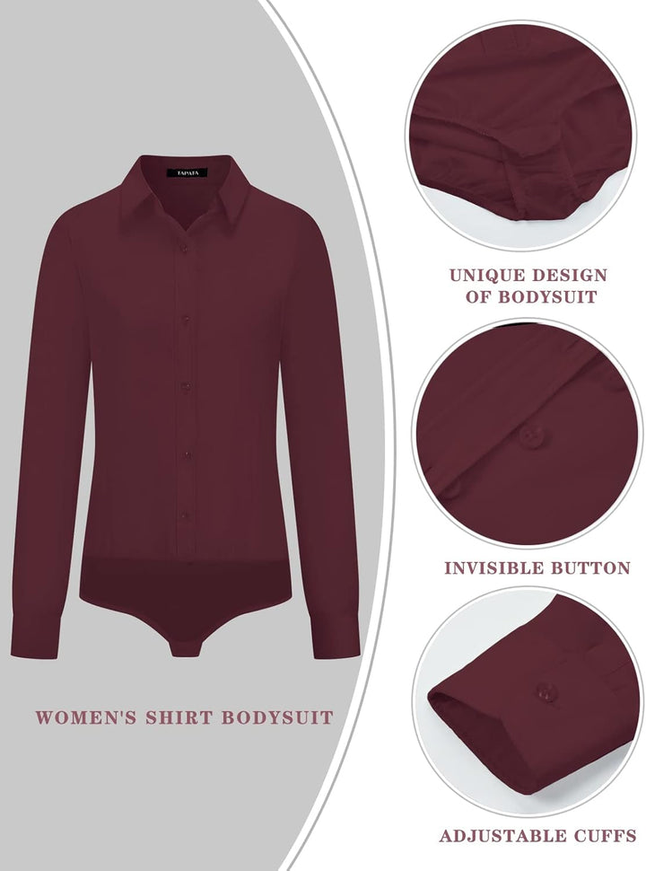 Tapata Damen-Bodysuit-Bluse mit Knöpfen, einteilig, langärmlig, solides Büroarbeitshemd, lässige Obe