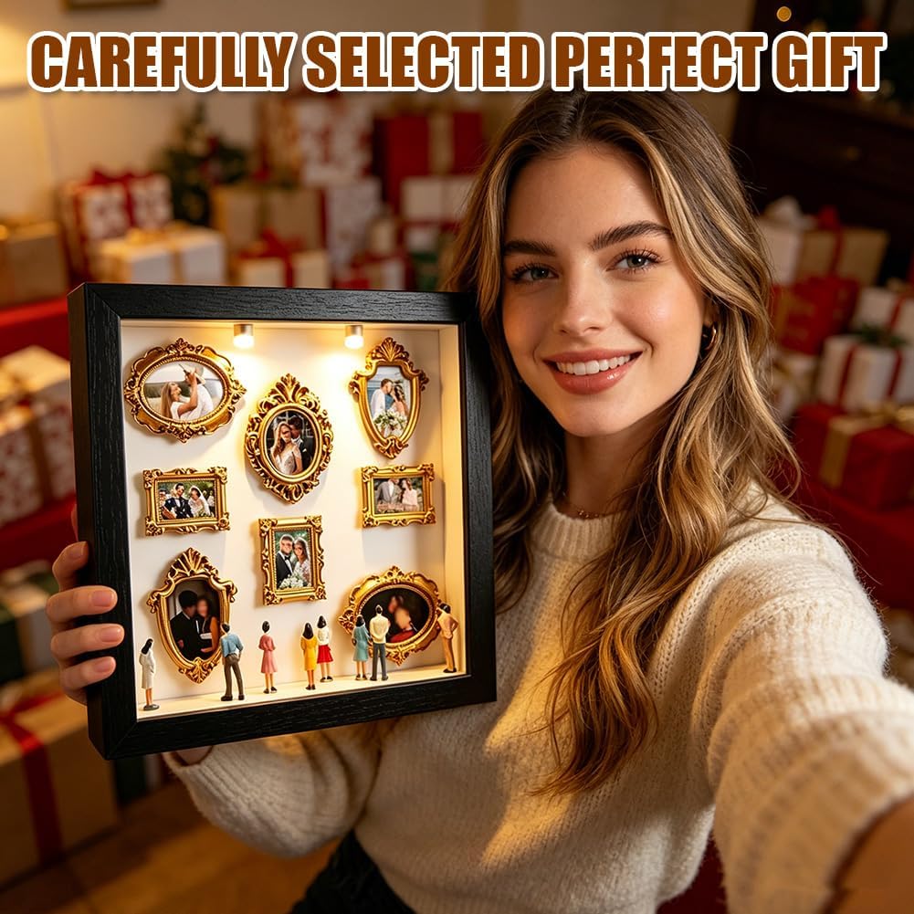 DIY Mini Museum Shadow Box mit LED Licht - Mini Bilderrahmen Vintage Set mit 8 Gold Rahmen & 8 Figur