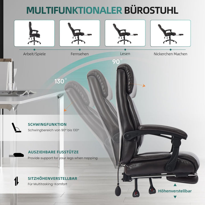 COLAMY Chefsessel Ergonomisch mit Fussstütze, Aufblasbarer Lendenstütze, 117° Kippfunktion, Gepolste
