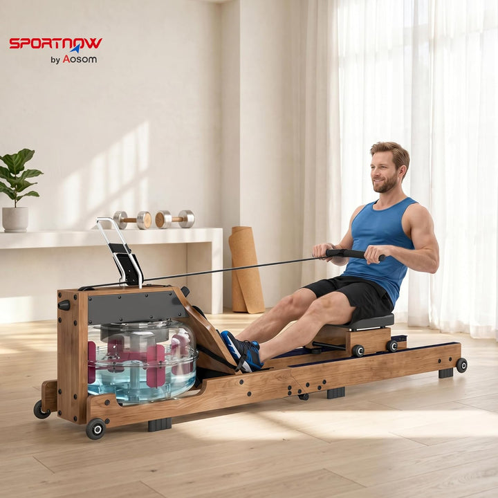 SPORTNOW Wasser Rudergerät für Zuhause aus Gummiholz Klappbar Rudermaschine mit Bluetooth APP Doppel