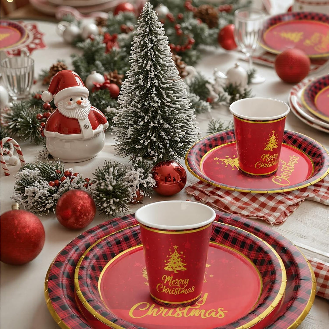 60 Stück Pappbecher WeihnachtsRot 9oz Party Tischdeko mit Weihnachtsbaum und Merry Christmas Muster,