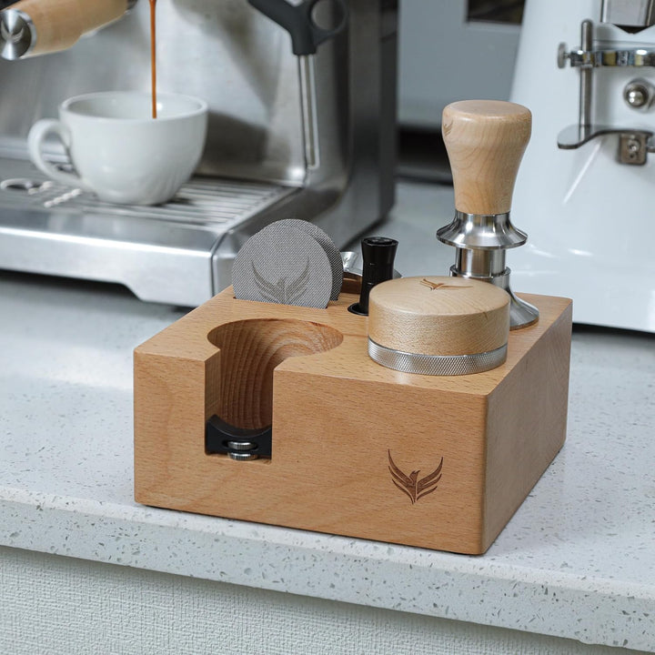 Espresso Tamperstation 58mm Buchenholz für E61, Gaggia, Rocket, Lelit, Profitec, ECM – 7-Fach Kaffee