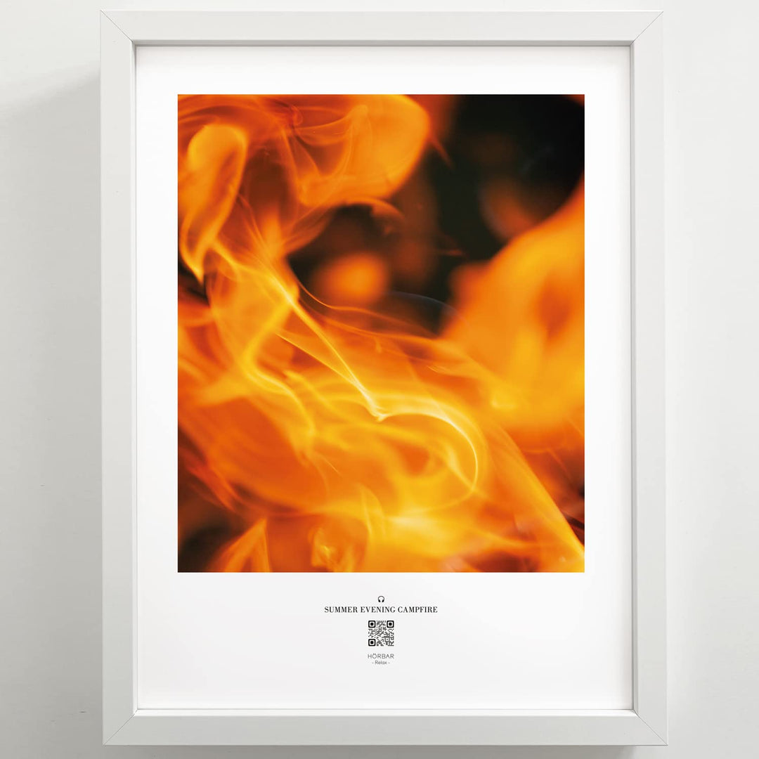 HÖRBAR RELAX | Hörbild | SUMMER EVENING CAMPFIRE | Abstract flames | Im Rahmen Weisser Rahmen 32,5cm