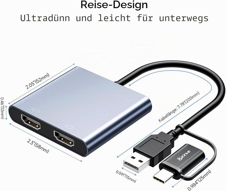 KCEVE USB zu HDMI Adapter für Zwei Monitore, USB C zu 2 HDMI -Multiport -Splitter erweiterter Displa
