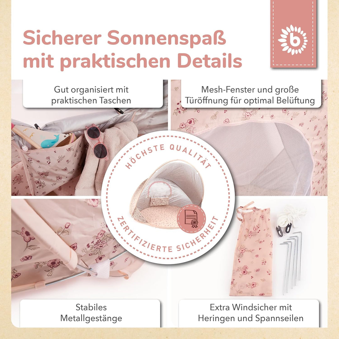 Bieco Ella Pop-up Strandmuschel Dreamy Flowers | UV-Schutz 40+ | Strandmuschel Pop Up Baby Zubehör S
