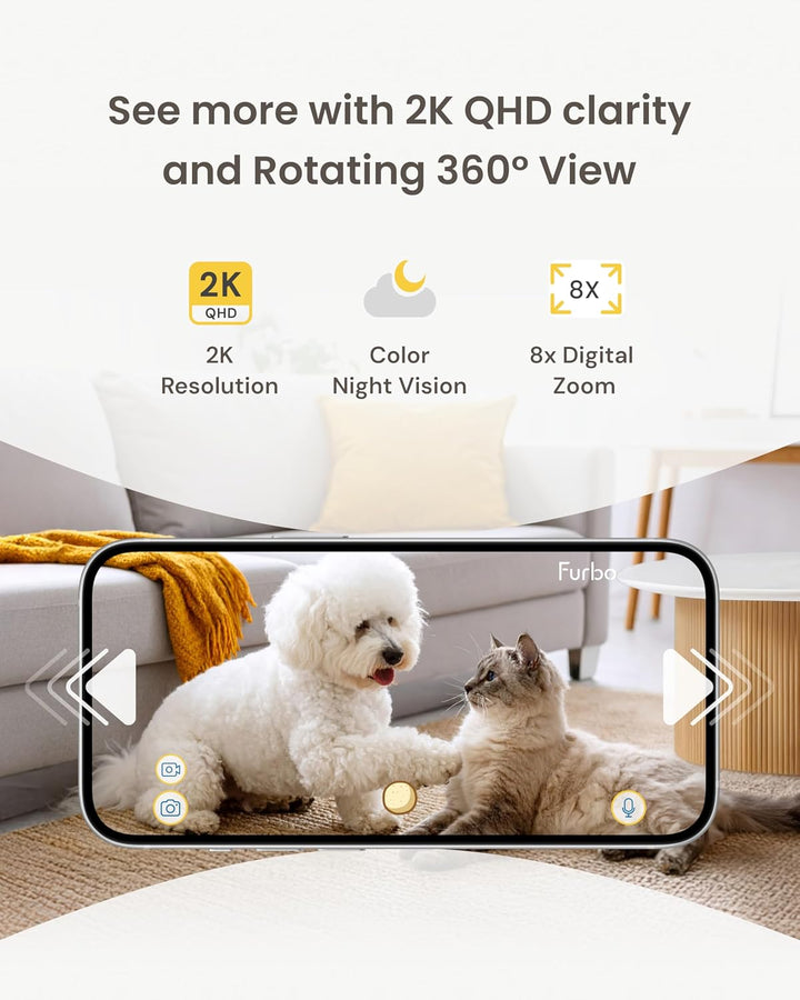 Furbo Mini 360º New Pet Camera: Home Security Camera w/Barking/Meowing Alerts, Rotating Pet Treat Di