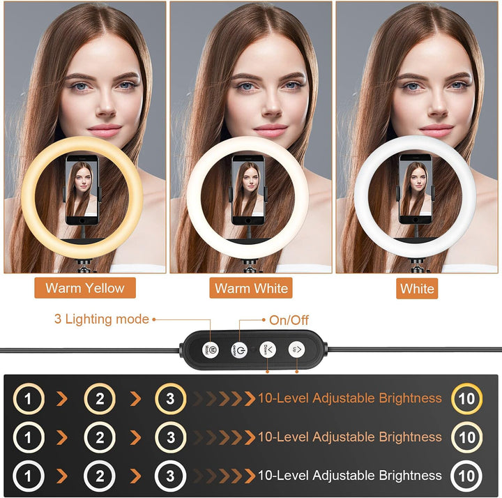 UPhitnis Ringlicht mit Stativ, 10 Zoll Ringlicht mit 63 Zoll Stativ Selfie Ringleuchte mit 3 Farbe u