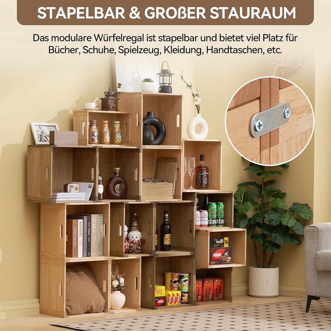 KIRIGEN Stapelbare Aufbewahrungsbox aus Paulownia-Holz, Regalwürfel mit Verbindungsplatten und Fussp