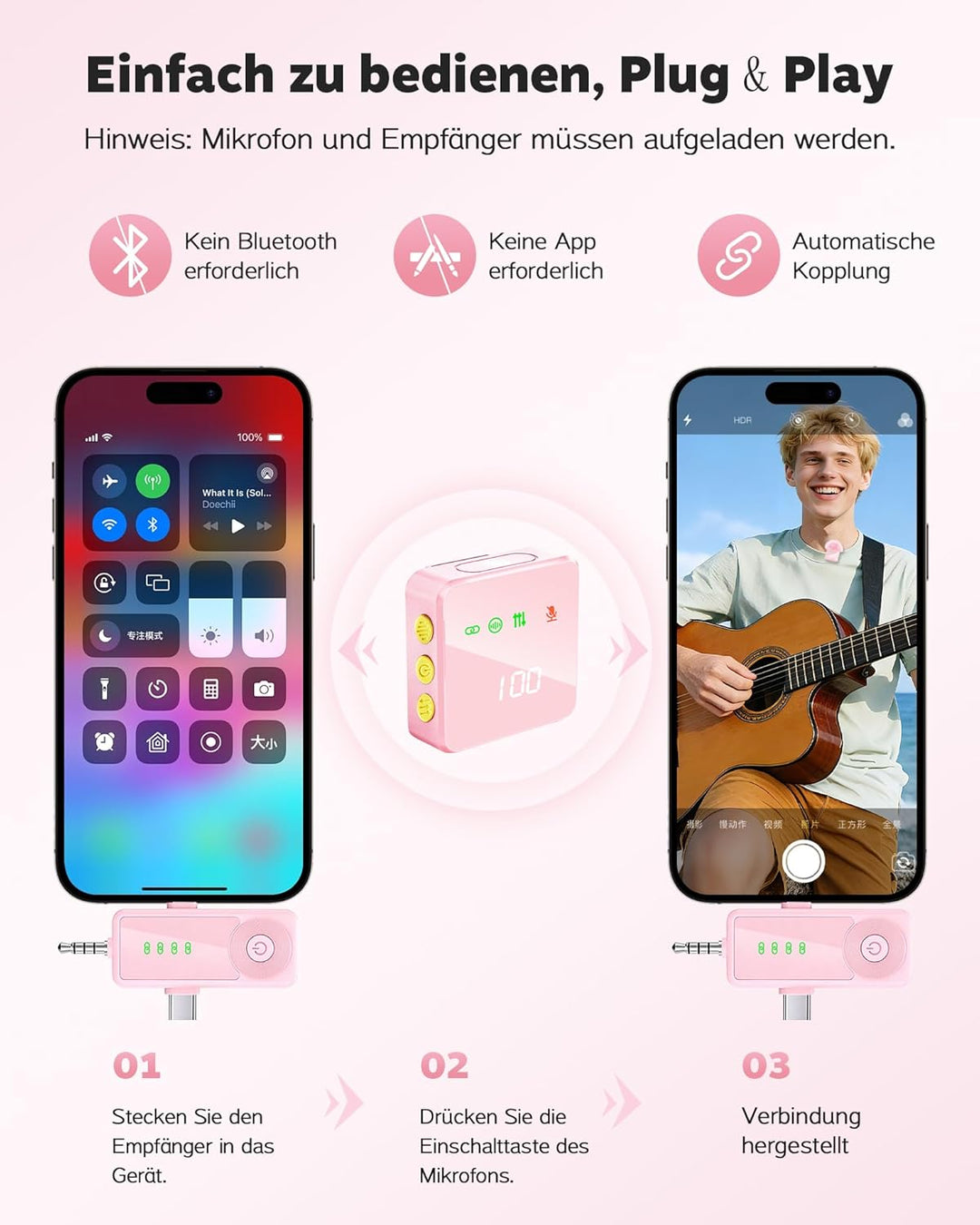 Kabelloses Lavalier-Mikrofon für iPhone, Android und Kameras–Mini-Mikrofon mit digitaler Anzeige und