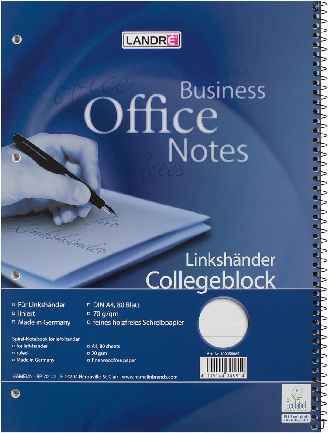 Landré Linkshänder-Collegeblock A4 liniert, 80 Blatt, gelocht, blau, 10 Stück, liniert