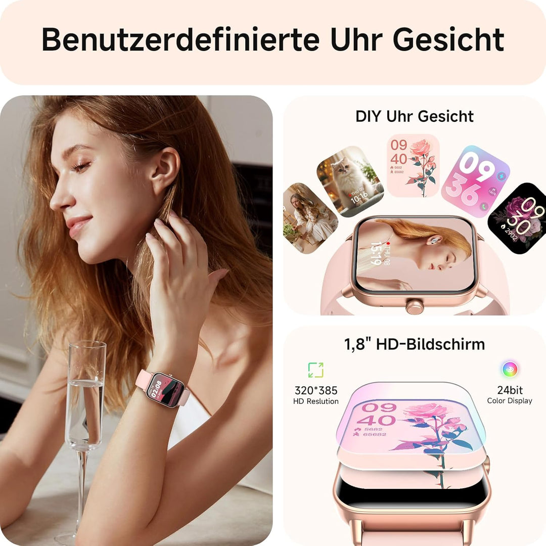 Smartwatch Damen mit Telefonfunktion,1.8" Smart Watch Fitnessuhr mit Whatsapp und Alexa,Herzfrequenz