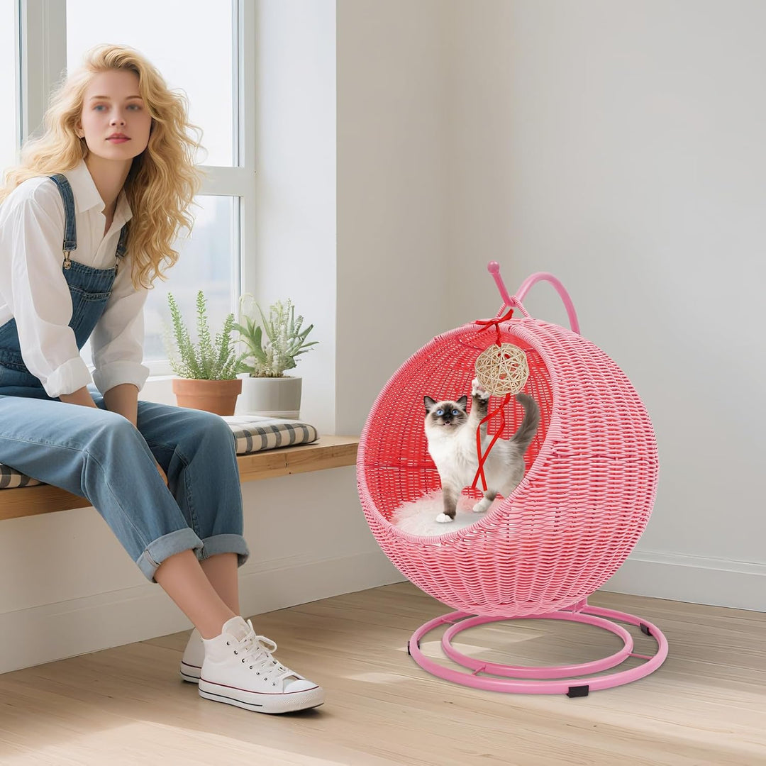 KatzenhäNgematte,Rattan äHnliche HäNgekorb-KatzenhöHle, Freistehend, Gelb Braun Rosa 7,5 Kg Lasten K