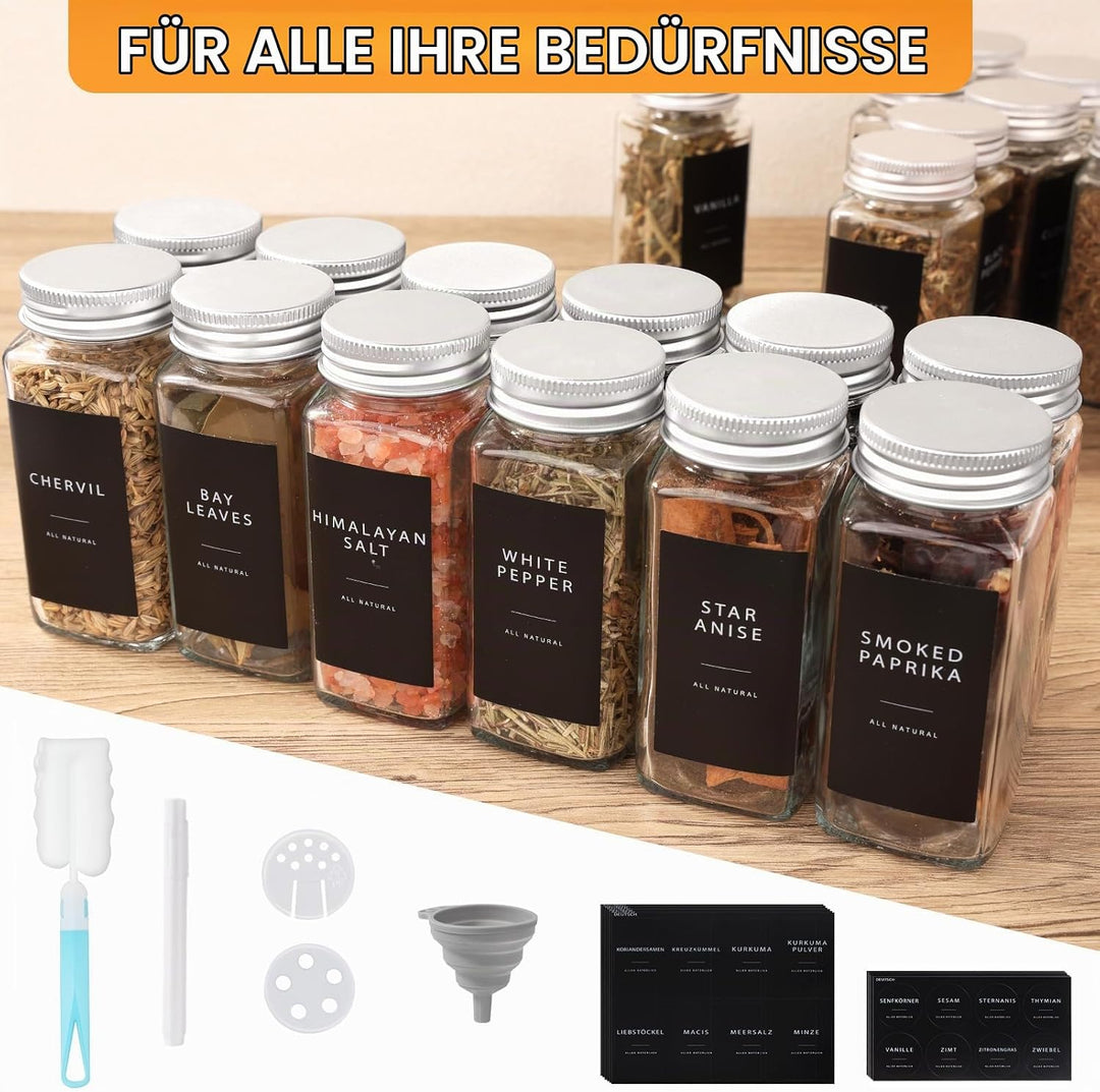FoiiLiio Gewürzgläser Eckig Set mit SilbrigDeckel, 24er 120ml Gewürzbehälter Glas mit Streueinsatz,