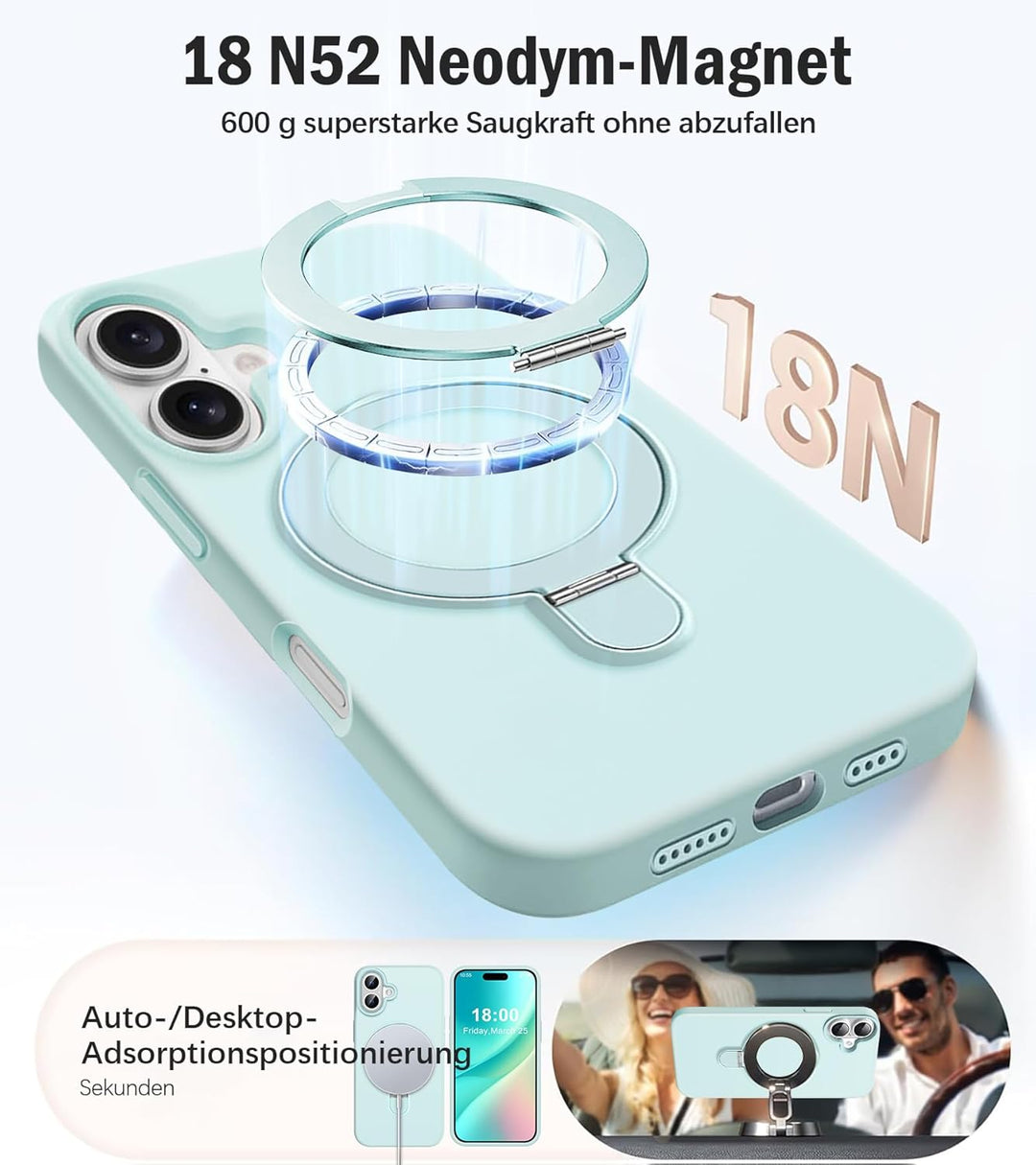 Handyhülle für iPhone 16 Hülle mit 2 Stück Schutzfolie, Silikon Case mit Magnetisch Ring Ständer Und