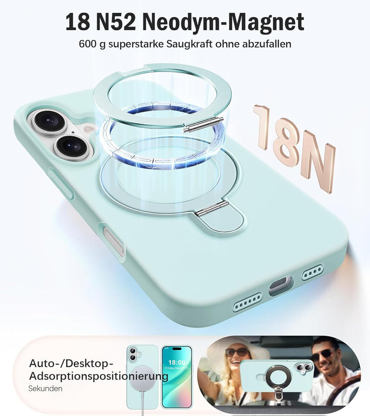 Handyhülle für iPhone 16 Hülle mit 2 Stück Schutzfolie, Silikon Case mit Magnetisch Ring Ständer Und