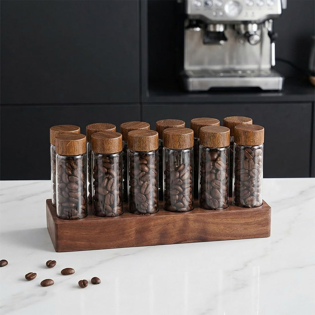 Kaffeebohnen Behälter Einzeldosis, 12 Röhren Kaffeebohnen-Aufbewahrung aus Holz für einzelne Portion