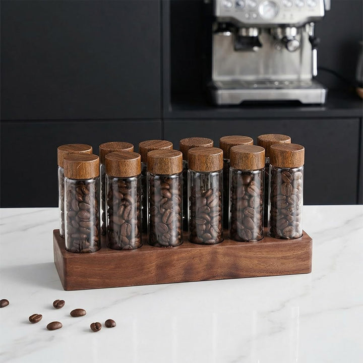 Kaffeebohnen Behälter Einzeldosis, 12 Röhren Kaffeebohnen-Aufbewahrung aus Holz für einzelne Portion
