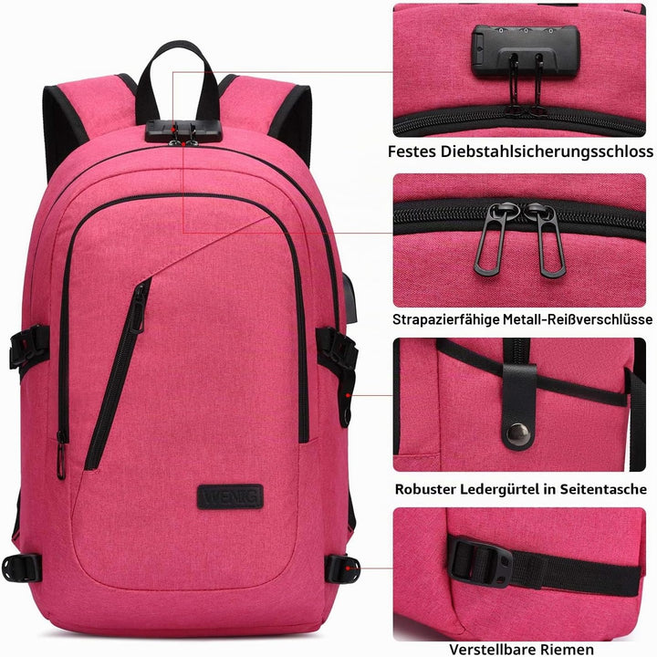 WENIG Rucksack Laptop für Damen Frauen Mädchen Schulrucksack mit USB-Ladeanschluss 15.6" Rosa, 15.6"