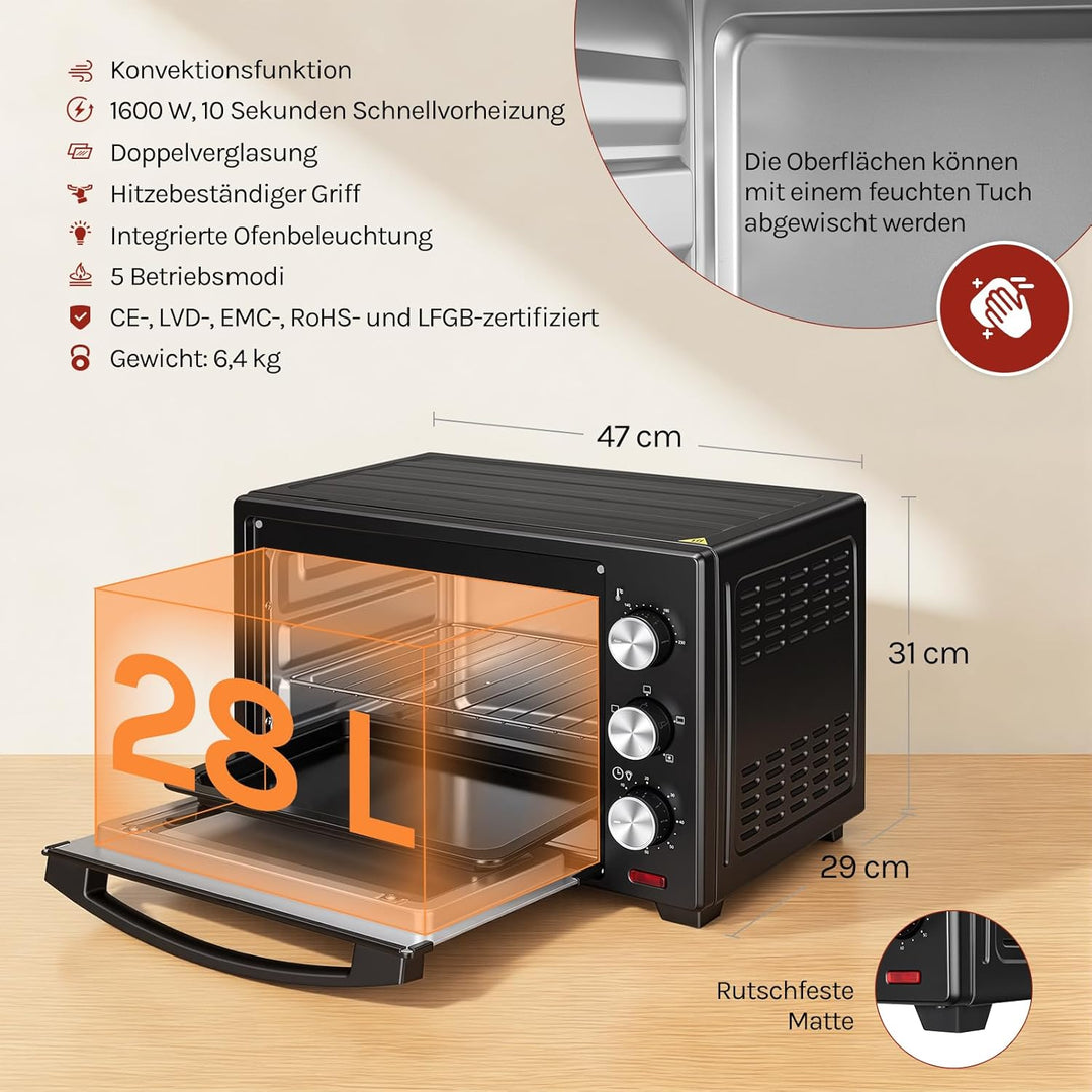 WOLTU Mini Backofen 25 Liter, 1500 Watt Toasterofen | Pizzaofen | Krümelblech mit Timer Minibackofen