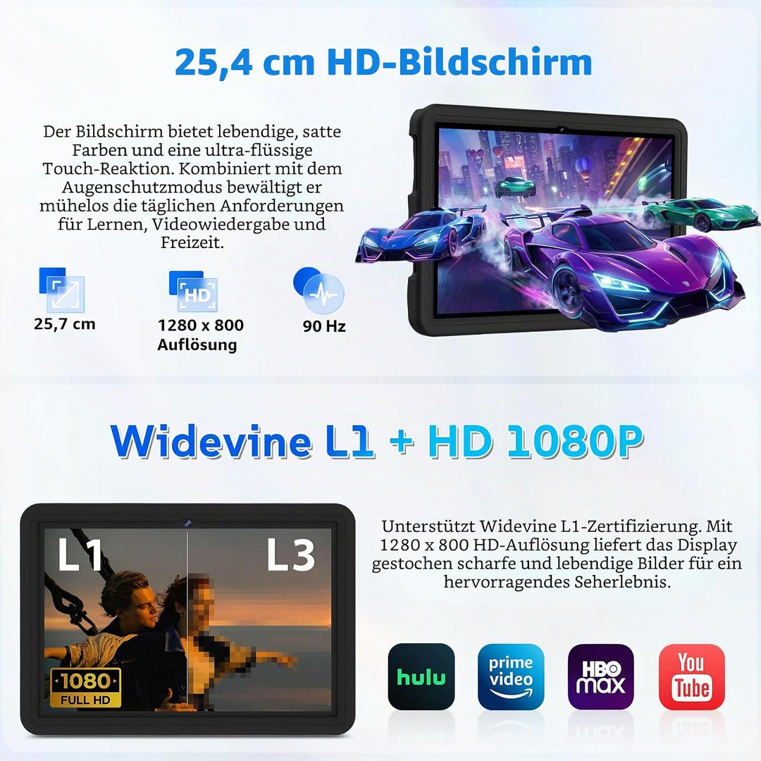 DMOAO Kinder Tablet 10 Zoll Android 15 mit 30GB RAM + 64GB ROM(2TB), 5G WLAN 6, Widevine L1, Elterli