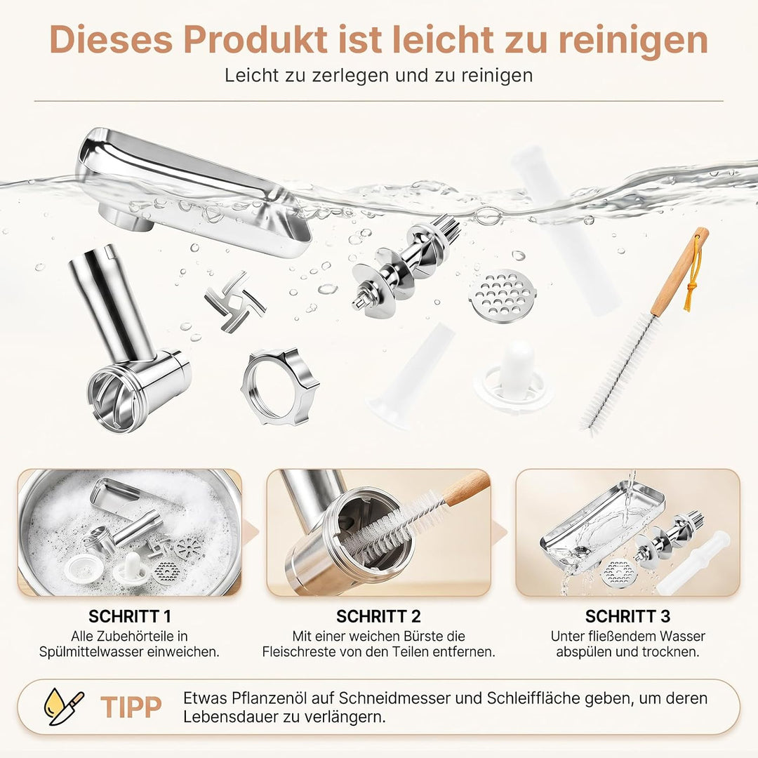 Fleischwolf Elektrisch, 3 in 1 Hocheffizienter Fleischwolf für Hausgebrauch mit Wurstfüllrohren und