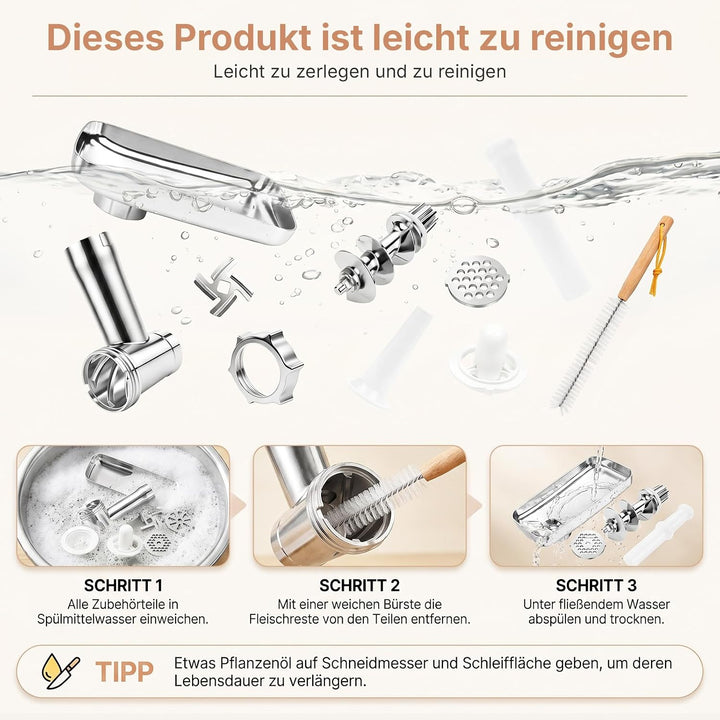 Fleischwolf Elektrisch, 3 in 1 Hocheffizienter Fleischwolf für Hausgebrauch mit Wurstfüllrohren und