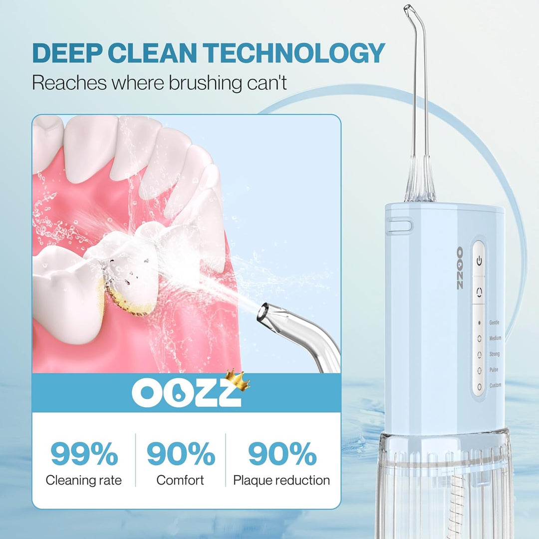 OOZZ Travel Water Flosser, Schnurlose Taschenmunddusche, 5 Druckmodi, 6 Strahlspitzen, USB-wiederauf