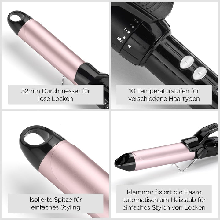 BaByliss 32mm Lockenstab mit Klammer mit grossem Durchmesser für natürliche, lose Locken, Schwarz 32