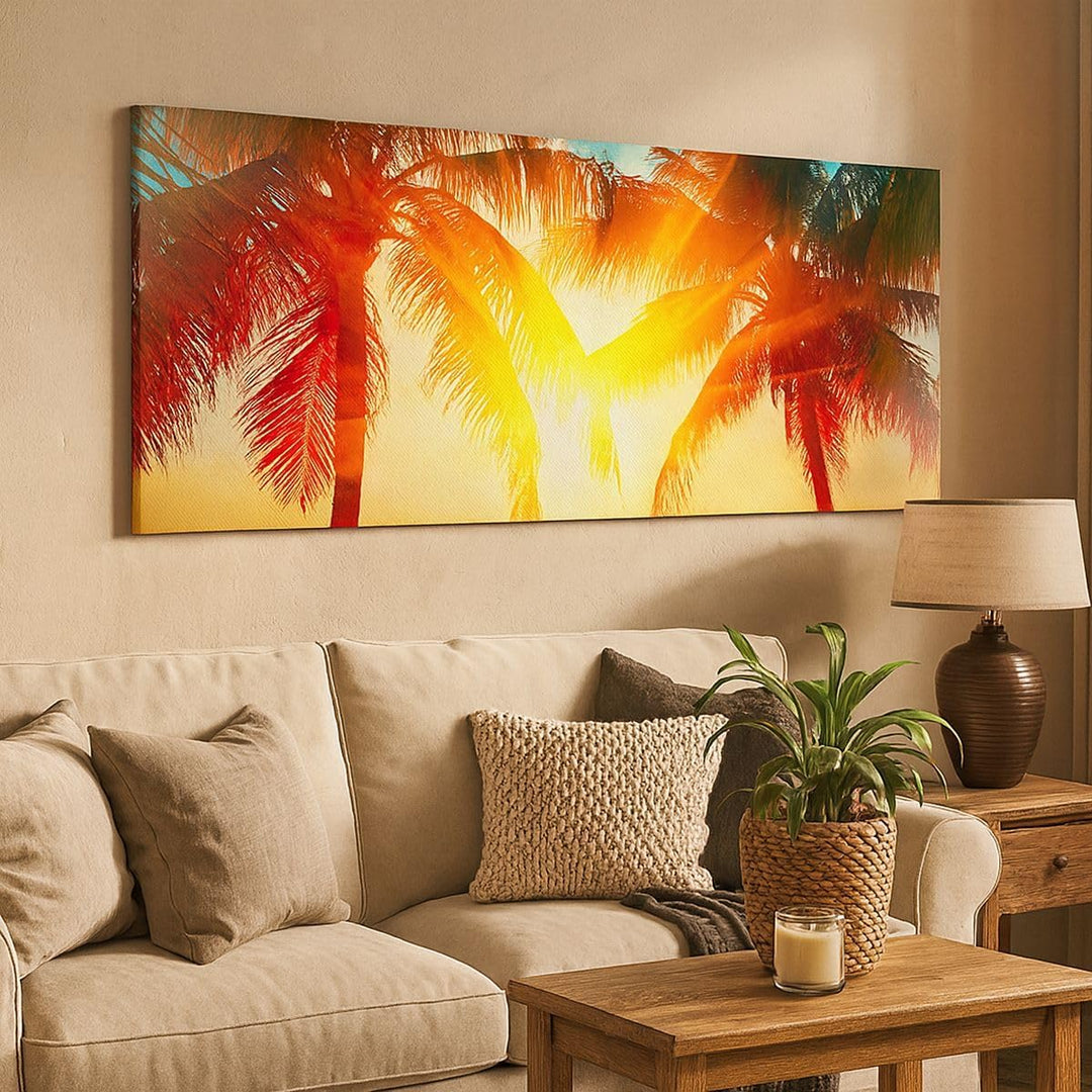 Panorama Bilder auf Leinwand 100x40cm Leinwandbild Meer Palme Wasser Gross Wanddeko Bild Schlafzimme