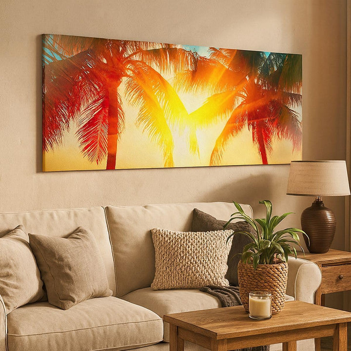Panorama Bilder auf Leinwand 100x40cm Leinwandbild Meer Palme Wasser Gross Wanddeko Bild Schlafzimme
